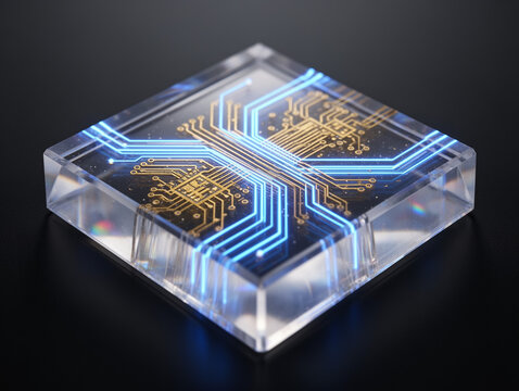 Futuristic transparent quantum photonic chip with glowing blue optical circuits, X-shaped light paths inside crystal glass, 3D rendering for data transmission concept.