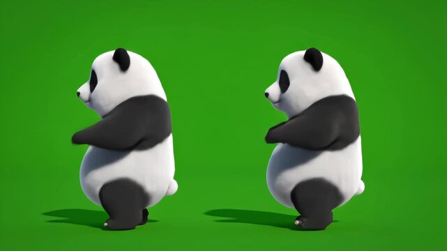 Two cute cartoon pandas dancing and spinning playfully on clean green screen