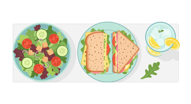 Delicious meal with salad sandwich and lemonade on plates