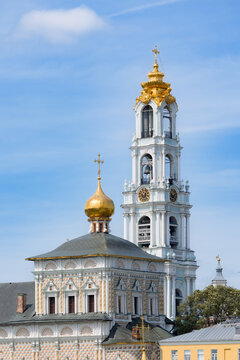 Ancient traditional Russian church, monastery, bell tower golden dome and cross, Sergiev Posad, Russia
