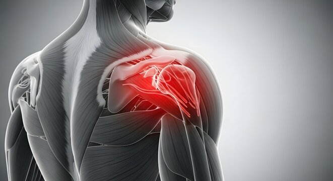 Anatomy of shoulder muscle pain and rotator cuff injury. Human torso with inflamed deltoid and scapula. 3D illustration of upper back muscular tension