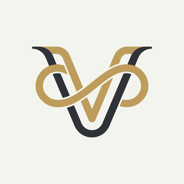 Creative elegant letter V logo design with interwoven lines in sophisticated gold and dark tones, suitable for modern branding and distinctive monograms