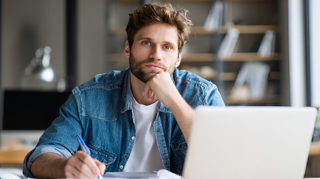 Young adult European man looking at laptop pc screen. Motivated latin student writing notes during lesson, watching webinar, learning online, sitting at work desk in office. Web banner, copy space