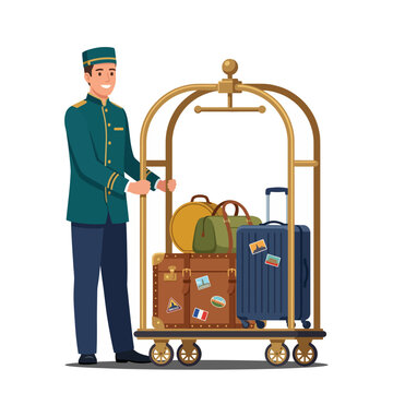 This vibrant digital art showcases a cheerful hotel bellboy happily pushing a luggage cart filled with colorful suitcases, capturing a sense of travel and hospitality.