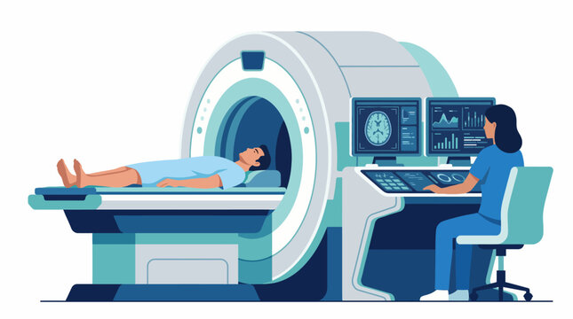 An illustration capturing a patient lying on an MRI scanning table, while a technician monitors the procedure, symbolizing medical technology and health diagnostics.