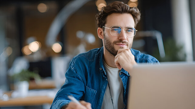Young adult European man looking at laptop pc screen. Motivated latin student writing notes during lesson, watching webinar, learning online, sitting at work desk in office. Web banner, copy space