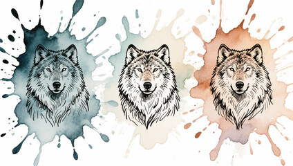 Set of three wolf head illustrations in black line art with watercolor splash backgrounds, combining wildlife, modern design and artistic ink sketch style.