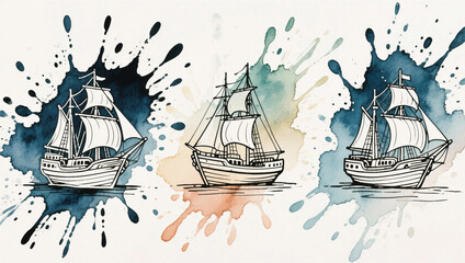 Set of three sailing ships in line art style with colorful watercolor splashes, representing maritime travel, adventure and vintage nautical design.