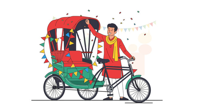 Happy Rickshaw Driver in Festive Attire with Decorated Cycle Rickshaw and Confetti