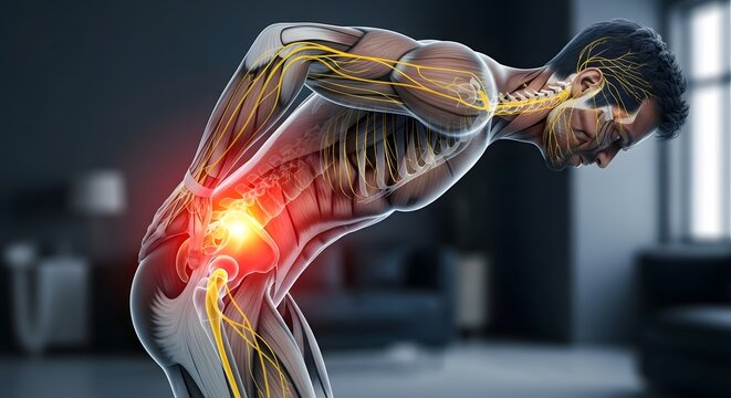 3D anatomy of a man with hip and lower back nerve pain. Sciatica symptoms and spinal cord inflammation. Muscular figure bending forward with glowing red pelvic joint injury