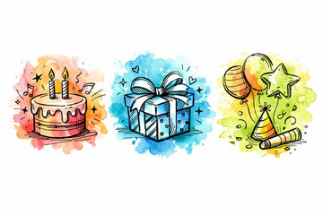 Colorful watercolor illustration set with birthday cake, balloons and party elements, perfect for celebration designs, greeting cards and festive decorations.