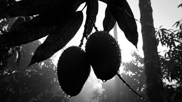 Black and white close up of two mangoes hanging from a tree branch with raindrops