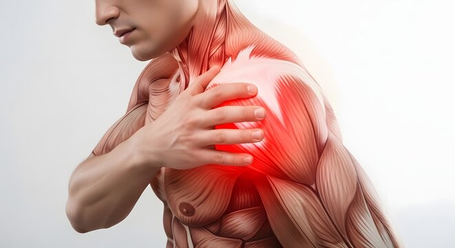 Shoulder muscle anatomy and sports injury relief. Physiotherapy and rotator cuff health. Male body showing highlighted red glowing deltoid muscles with a hand touching the painful area