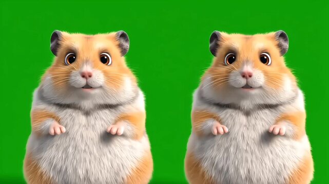 Playful animated hamsters spinning and dancing in sync on green screen background, with energetic movement and lively expressions for easy video compositing