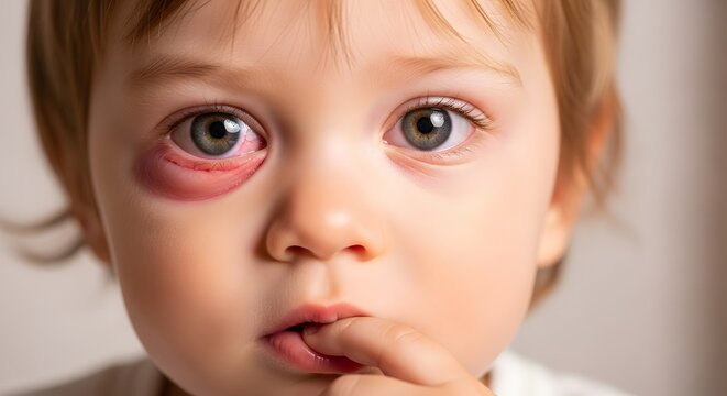 Pediatric eye infection and childhood medical condition. Conjunctivitis and allergy treatment. Close up of toddler face with swollen red lower eyelid and finger in mouth