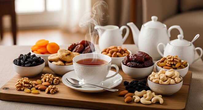 Hot tea cup with dry fruits served on table cozy lifestyle warm drink relaxation concept high quality image