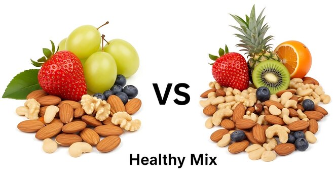 Healthy fruits and nuts versus junk snacks comparison concept nutrition lifestyle choice balanced diet high resolution food image