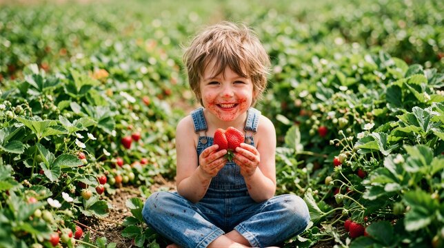Joyful Toddler with Strawberry Mess in U-Pick Field