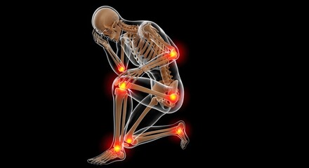 Skeletal system illustration showing full body joint pain and arthritis. Bone health and aging concept. 3D skeleton in a sitting pose with red glowing points on all major joints