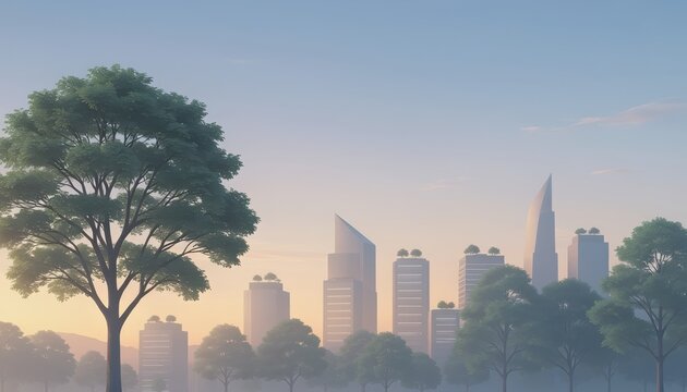 Urban Serenity Cityscape Vista with Verdant Tree Canopy at Dawn &ndash; Peaceful Metropolis Scene Morning Calm Urban Oasis Scenic City View Tranquil Urban Landscape Skyline Panorama
