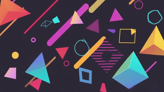 Colorful geometric shapes memphis pattern design on black background