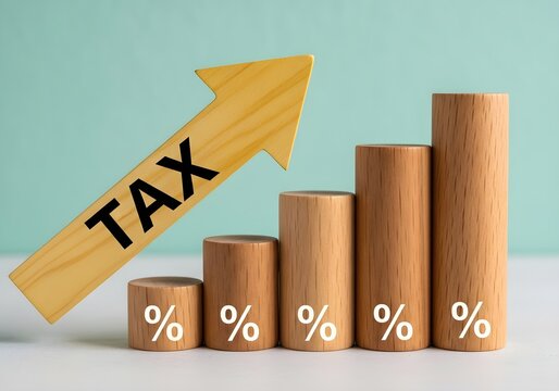 Increasing taxes are shown with a wooden arrow pointing up next to percentage signs.
