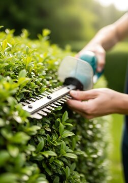 Green hedge trimming with electric shears garden tool