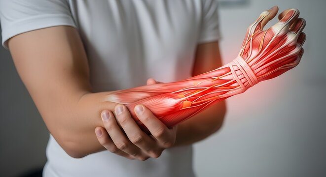 Forearm muscle pain and tendonitis treatment. Orthopedic injury and healthcare concept. Man holding his arm in pain with anatomy overlay showing inflamed muscles and tendons