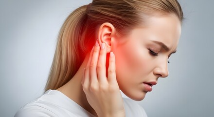 Fototapeta premium Ear infection and sharp tinnitus pain relief. Otology and healthcare diagnostics. Woman touching her ear in distress with a red glow representing inflammation and auditory discomfort
