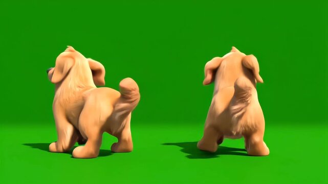 Cute cartoon dogs dancing in sync with spinning motion and wagging tails on green screen, featuring lively expressions for creative video projects