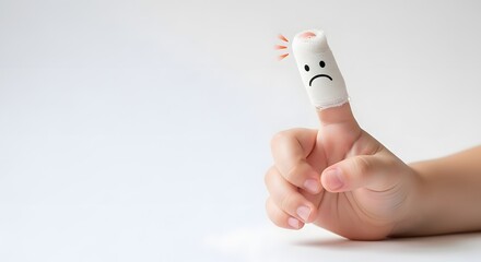 Injured finger bandage and pediatric wound care. Child healthcare and safety concept. Small hand with a bandaged index finger featuring a sad face drawing indicating pain