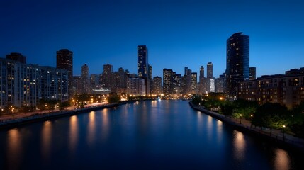 Fototapeta premium A vibrant city skyline at dusk with illuminated skyscrapers reflected in a dark river creating a peaceful urban panorama