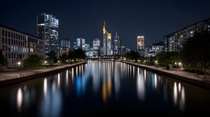 Fototapeta premium Modern city skyline illuminated at night reflected in a calm river creating a vibrant urban scene
