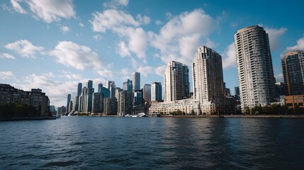 Obraz premium A tranquil urban waterfront vista featuring a dense cluster of modern skyscrapers and residential towers under a bright cloudy sky