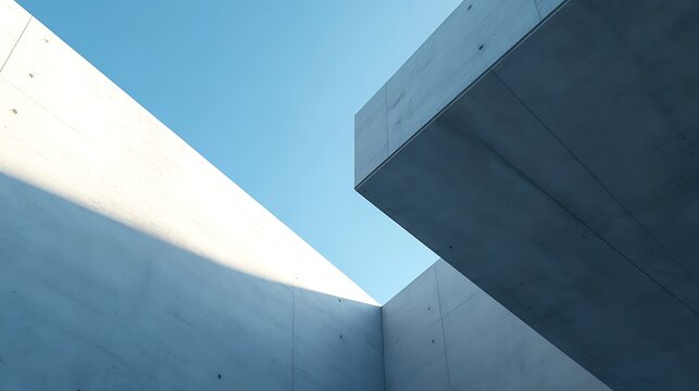 Two stark concrete architectural forms interact dynamically with sunlight and deep shadows under a clear blue sky