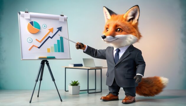 Fox Executive Presenting Growth Charts Business Strategy Financial Success  Market Analysis. Creative Concept for Corporate Planning  Development. Mascot for Innovation.