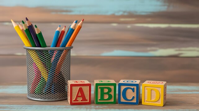 Colorful wooden alphabet blocks, pencils in mesh cup, educational toys, learning tools, classroom supplies