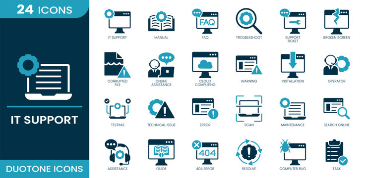 IT support icon set. Technical support, troubleshooting system, helpdesk service, support request, device servicing, screen failure, corrupted data, remote assistance, Duotone vector icons collection.