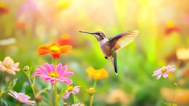 selectively. Hummingbird hovering at garden flowers with motion blur wings and floral background. wildlife magazines, conservation campaigns, designed for nature documentaries and education.