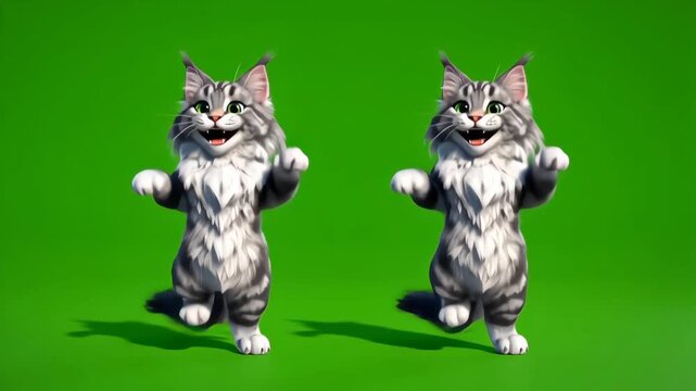 Playful animated cats spinning and dancing in sync on green screen background, designed for easy keying and use in fun, energetic video compositions