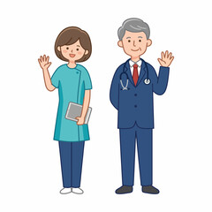 Fototapeta premium Two healthcare professionals wave cheerfully, depicting a welcoming environment, fostering trust and openness within a medical setting, encouraging patients to seek care.