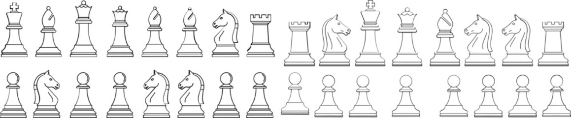Chess Piece Icon Set Featuring King, Queen, Rook, Knight, Bishop, and Pawn for Board Game, Strategy, and Educational Design Projects © Kamal