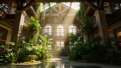 Fototapeta premium Lush indoor tropical plants thrive within oversized decorative stone planters arranged beautifully across a polished tiled floor to create a serene botanical sanctuary filled with vibrant green...