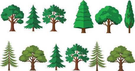 Tree Icon Set Featuring Various Tree Types Including Pine, Oak, and Fir for Nature, Landscaping, and Environmental Design Projects © Kamal