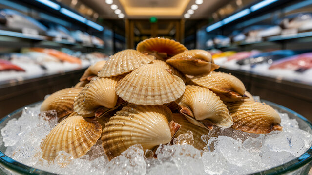 A pristine, vibrant display of freshly harvested raw scallops, showcasing their beautifully ridged, cream-colored shells glistening with clear water droplets, meticulously arranged and kept