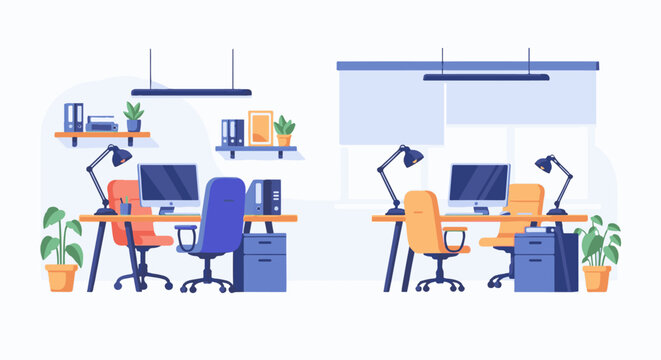 A bright, modern office with two distinct workstations