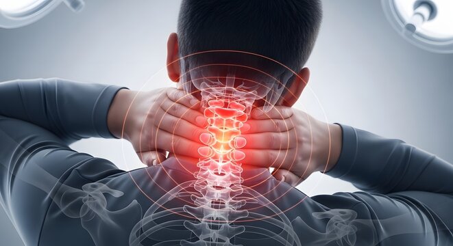 Neck and upper back spinal tension. Chiropractic care and orthopedic health. Man holding neck with anatomical overlay showing inflamed vertebrae and circular pulse