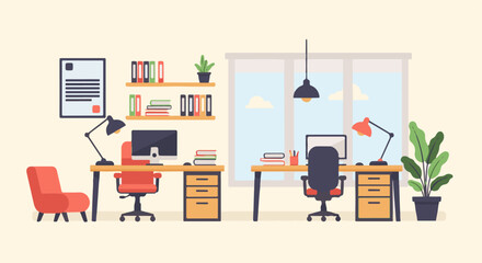 Fototapeta premium Minimalist office space with two desks, chairs, lamps, and plants