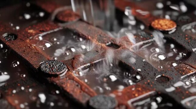 Clear water pouring and splashing over dark rusty iron grate in macro close up