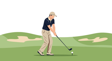 Fototapeta premium Golfer Swinging Club on Green Course with Sand Traps and Hills Background